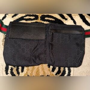 Gucci Black GG Canvas and Leather Web Waist Belt Bag EUC